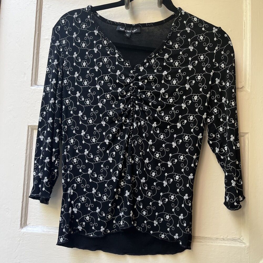 90s Briggs New York Top Sz M Dark Romantic Black Floral 3/4 Sleeve Fairy USA